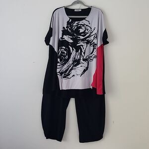 Alembika Floral Black White Lantern Pants &  Trapeze Top set L